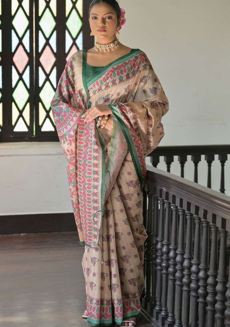 Beige Embroidered Blended Saree Set - Indya