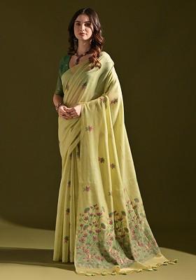Green Embroidered Blended Saree Set