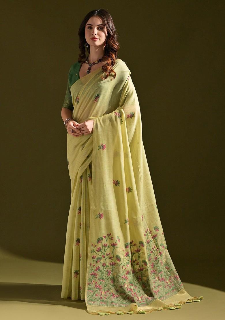Green Embroidered Blended Saree Set - Indya