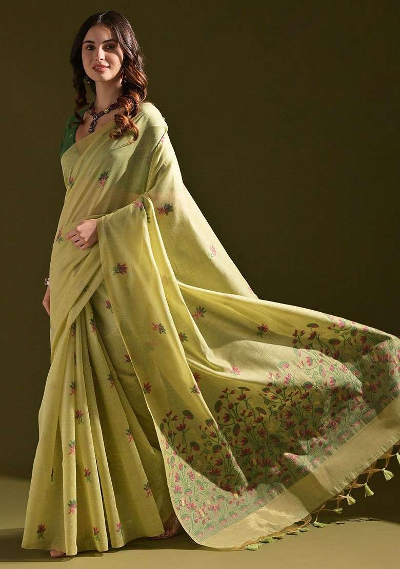 Green Blended Saree Set with Embroidered for Diwali | Wedding & Festive Wear - Indya