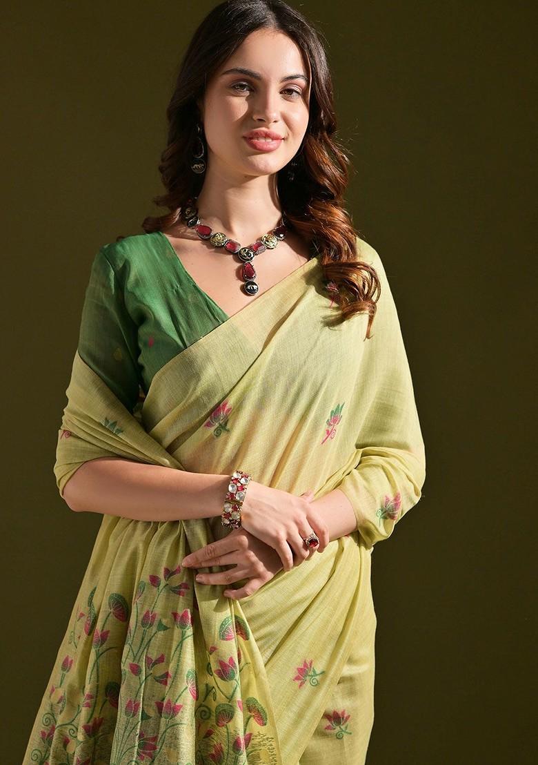 Green Embroidered Blended Saree Set - Indya