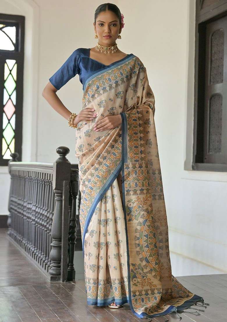 Blue Blended Saree Set with Floral Print for Diwali | Wedding & Festive Wear - Indya