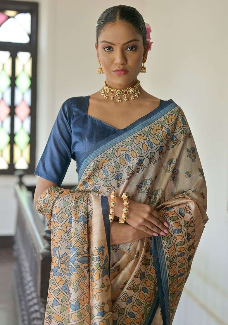 Blue Blended Saree Set with Floral Print for Diwali | Wedding & Festive Wear - Indya