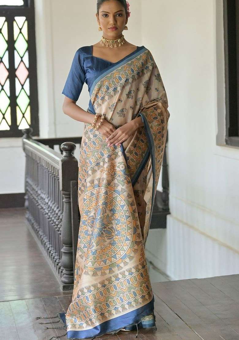 Blue Blended Saree Set with Floral Print for Diwali | Wedding & Festive Wear - Indya
