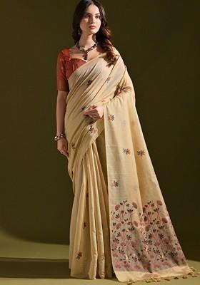 Beige Floral Print Blended Saree Set