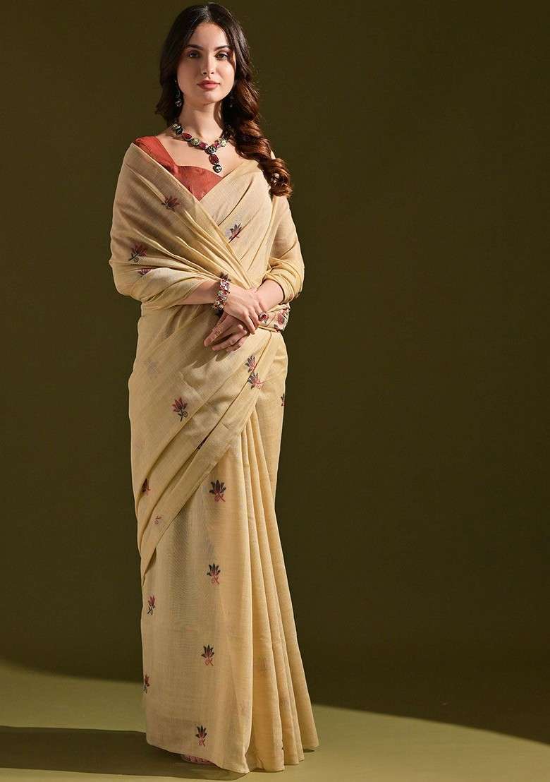 Beige Floral Print Blended Saree Set for Diwali and Festive Wear - Indya