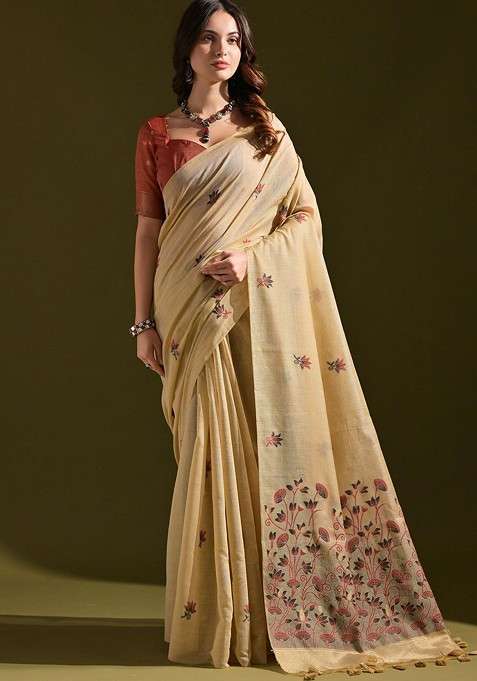 Beige Floral Print Blended Saree Set for Diwali and Festive Wear