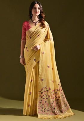 Yellow Embroidered Blended Saree Set