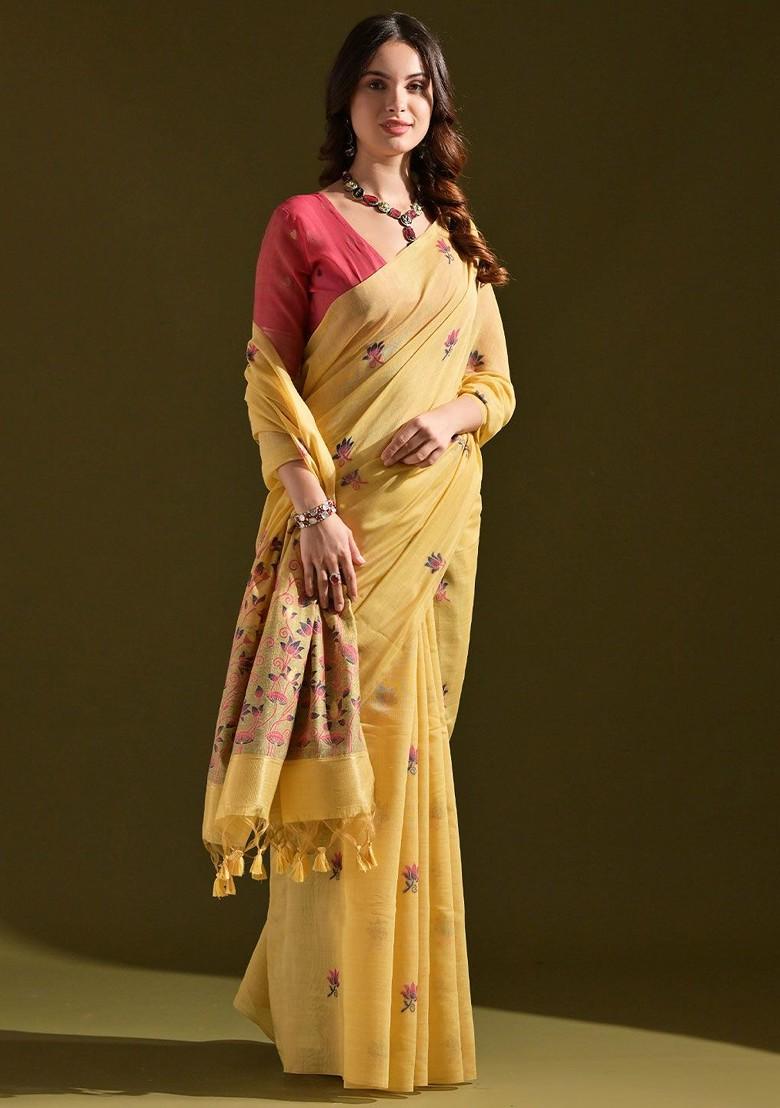 Yellow Embroidered Blended Saree Set - Indya