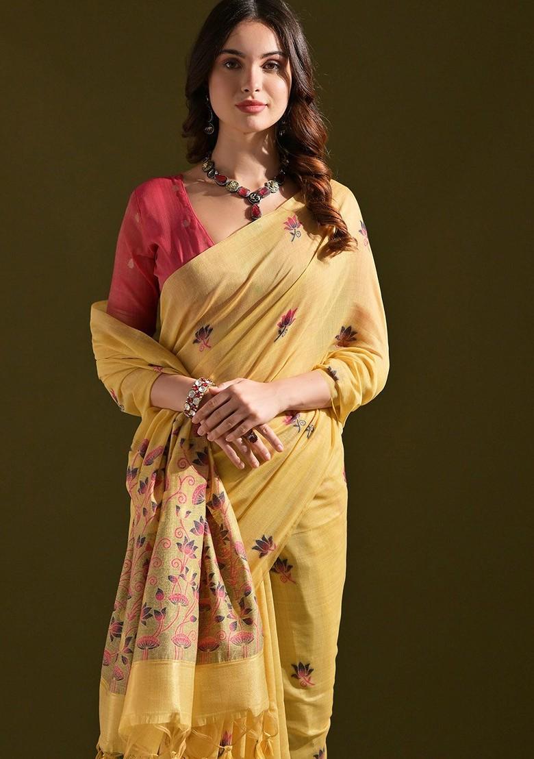 Yellow Embroidered Blended Saree Set - Indya