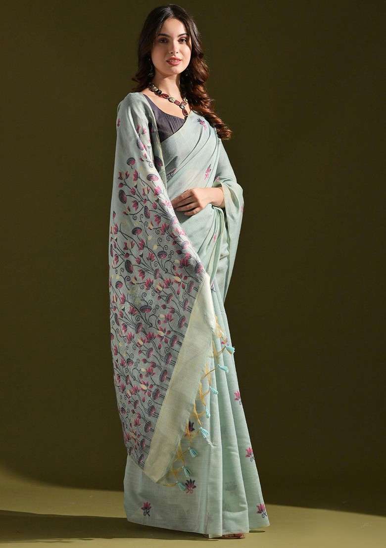 Blue Floral Print Blended Saree Set for Diwali and Festive Wear - Indya