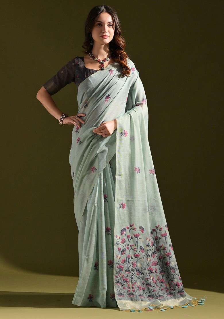 Blue Floral Print Blended Saree Set for Diwali and Festive Wear - Indya