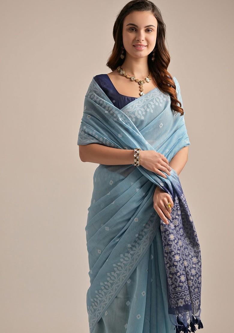 Blue Zari Printed Blended Saree Set - Indya