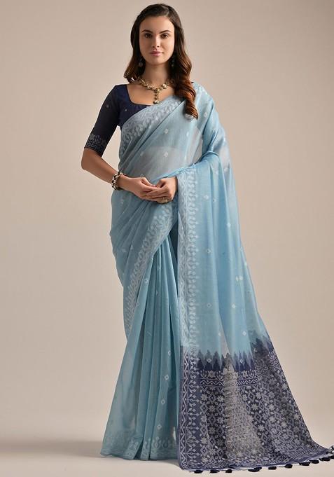 Blue Zari Printed Blended Saree Set