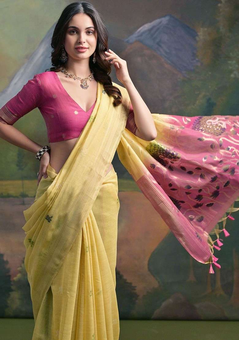 Yellow Blended Saree Set with Embroidered for Diwali | Wedding & Festive Wear - Indya