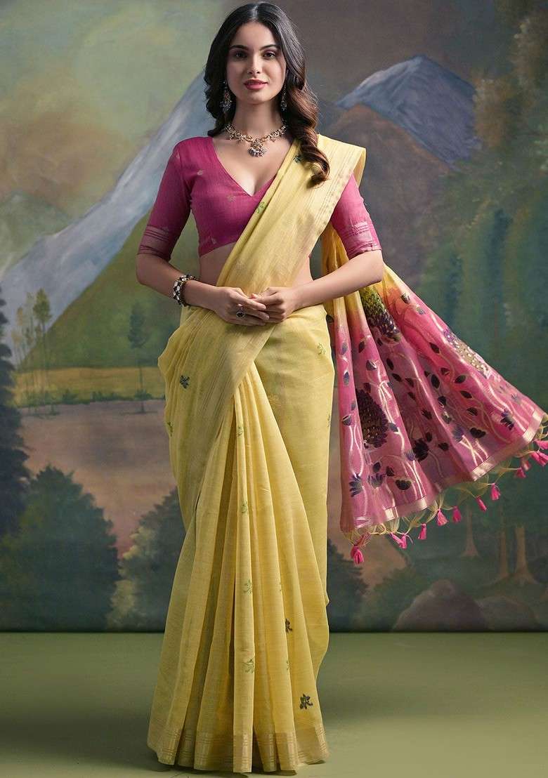 Yellow Blended Saree Set with Embroidered for Diwali | Wedding & Festive Wear - Indya