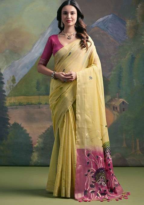 Yellow Blended Saree Set with Embroidered for Diwali | Wedding & Festive Wear