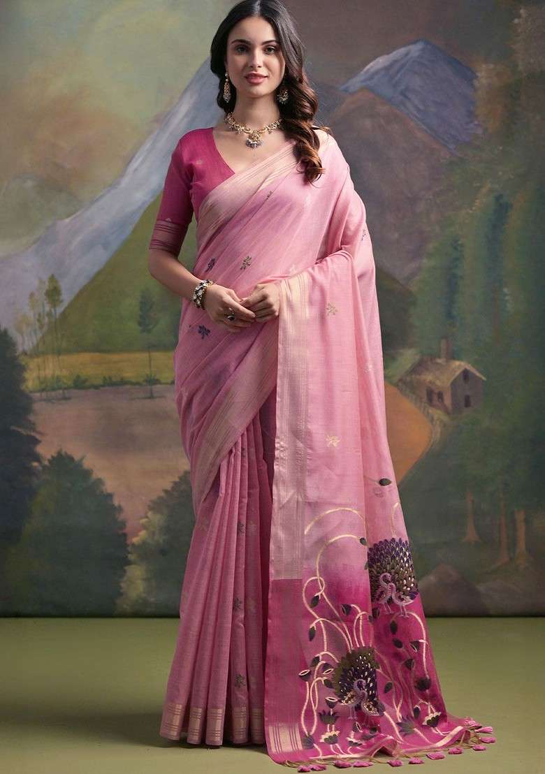 Pink Zari Printed Blended Saree Set for Diwali and Festive Wear - Indya