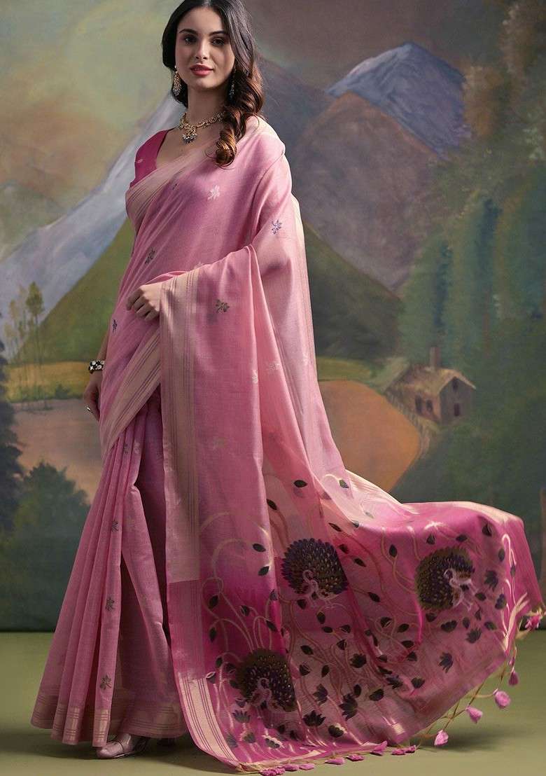 Pink Zari Printed Blended Saree Set for Diwali and Festive Wear - Indya