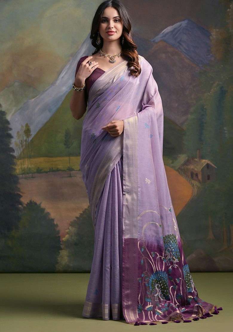 Lavender Zari Blended Saree Set with Printed for Diwali | Wedding & Festive Wear - Indya