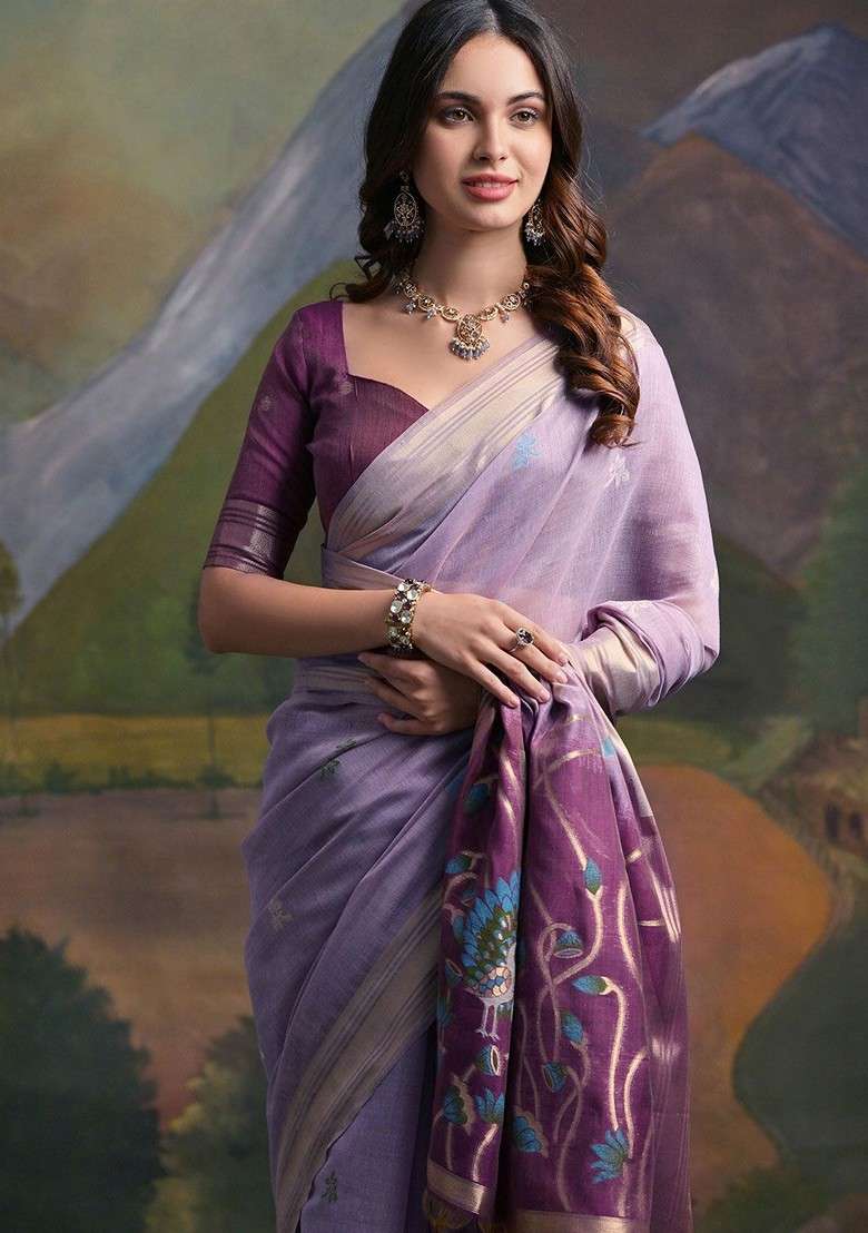 Lavender Zari Blended Saree Set with Printed for Diwali | Wedding & Festive Wear - Indya
