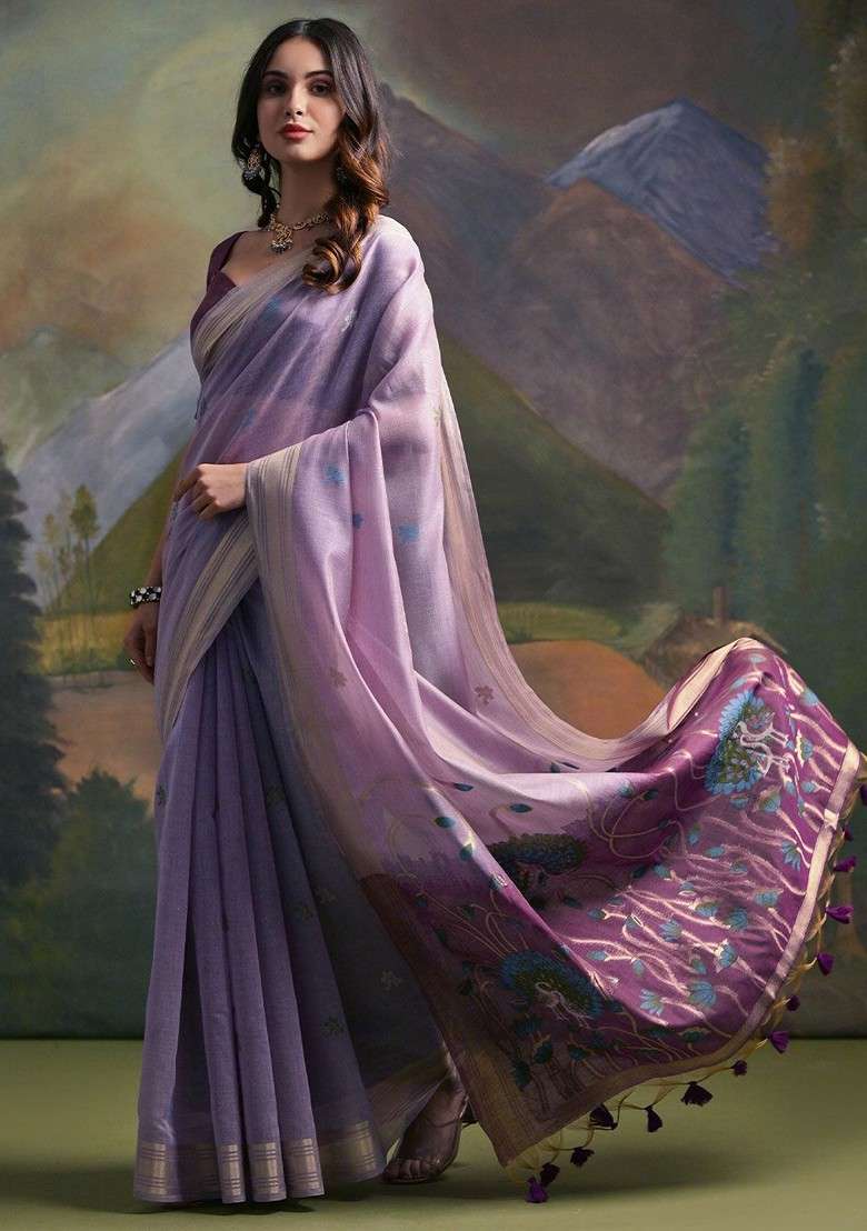 Lavender Zari Blended Saree Set with Printed for Diwali | Wedding & Festive Wear - Indya