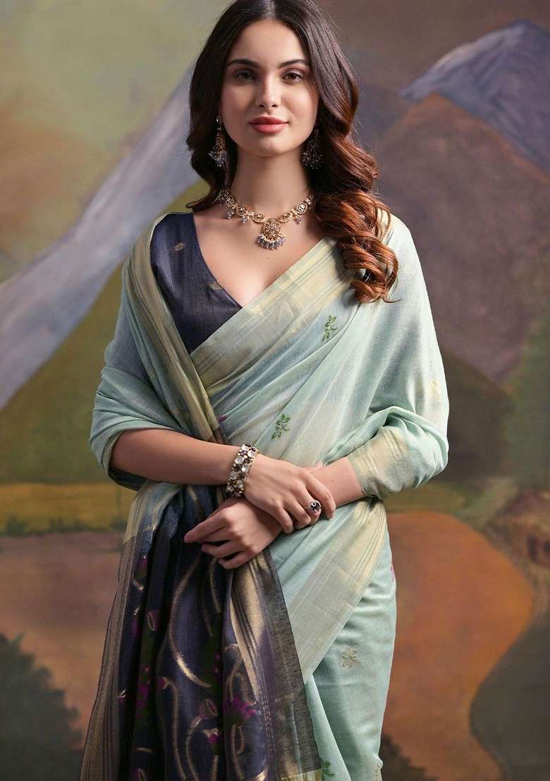 Blue Zari Blended Saree Set with Printed for Diwali | Wedding & Festive Wear - Indya