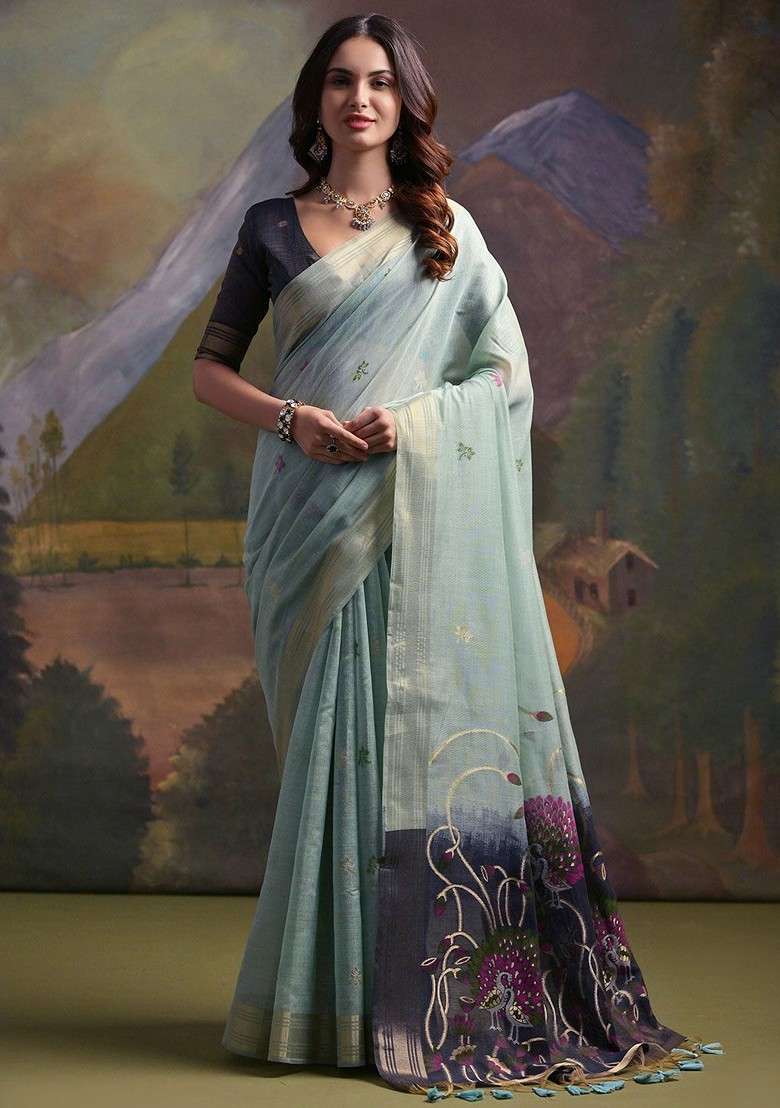 Blue Zari Blended Saree Set with Printed for Diwali | Wedding & Festive Wear - Indya