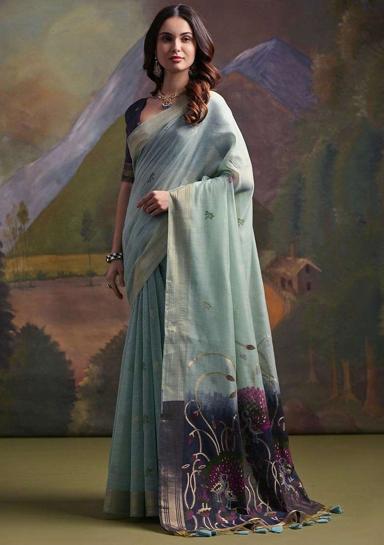 Blue Zari Blended Saree Set with Printed for Diwali | Wedding & Festive Wear - Indya