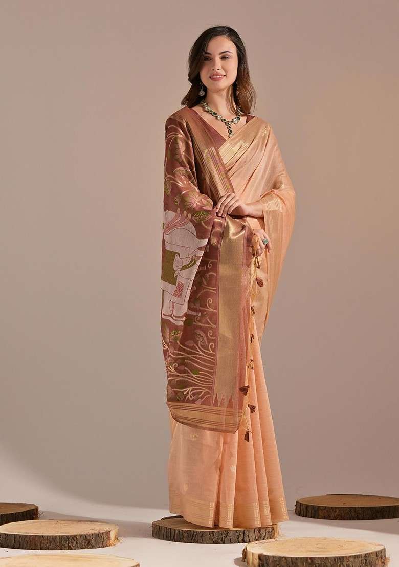 Peach Zari Blended Saree Set with Printed for Diwali | Wedding & Festive Wear - Indya