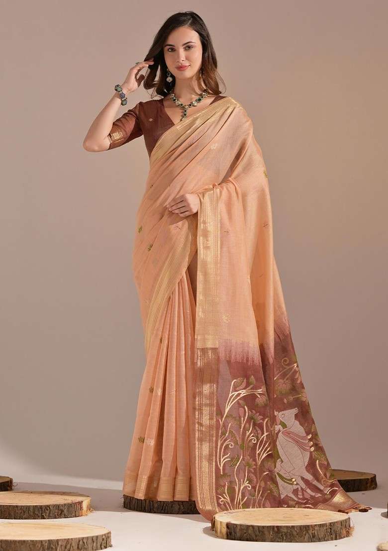 Peach Zari Blended Saree Set with Printed for Diwali | Wedding & Festive Wear - Indya