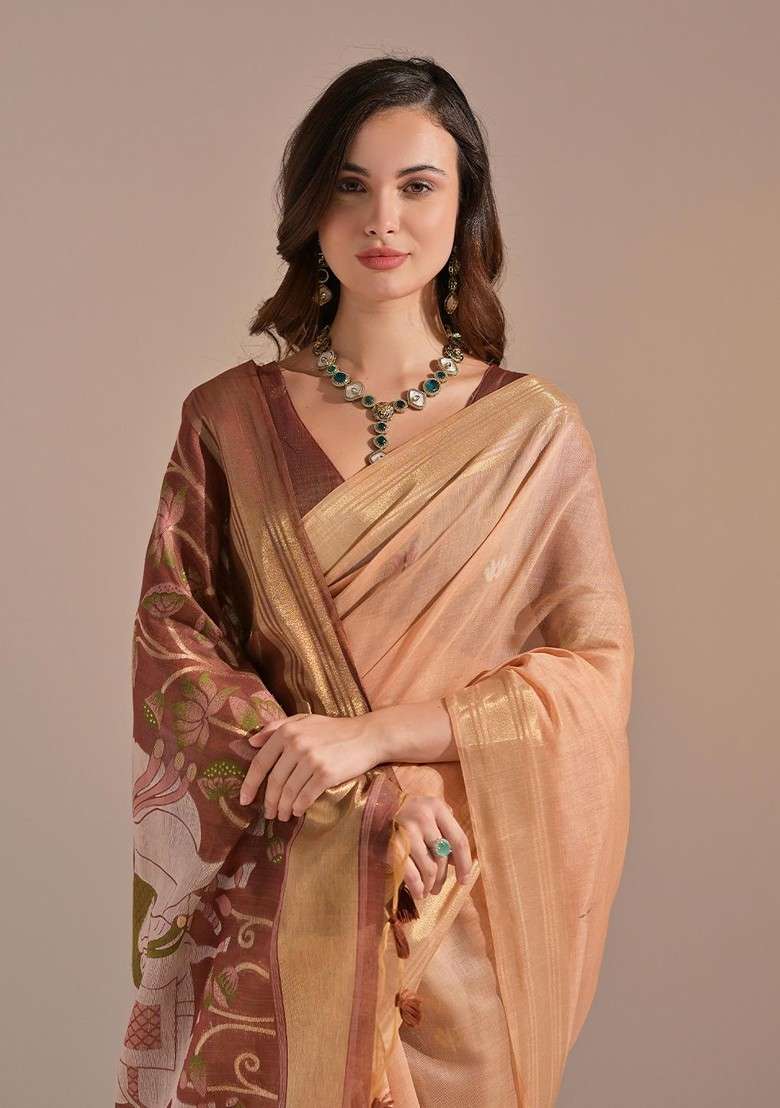 Peach Zari Blended Saree Set with Printed for Diwali | Wedding & Festive Wear - Indya