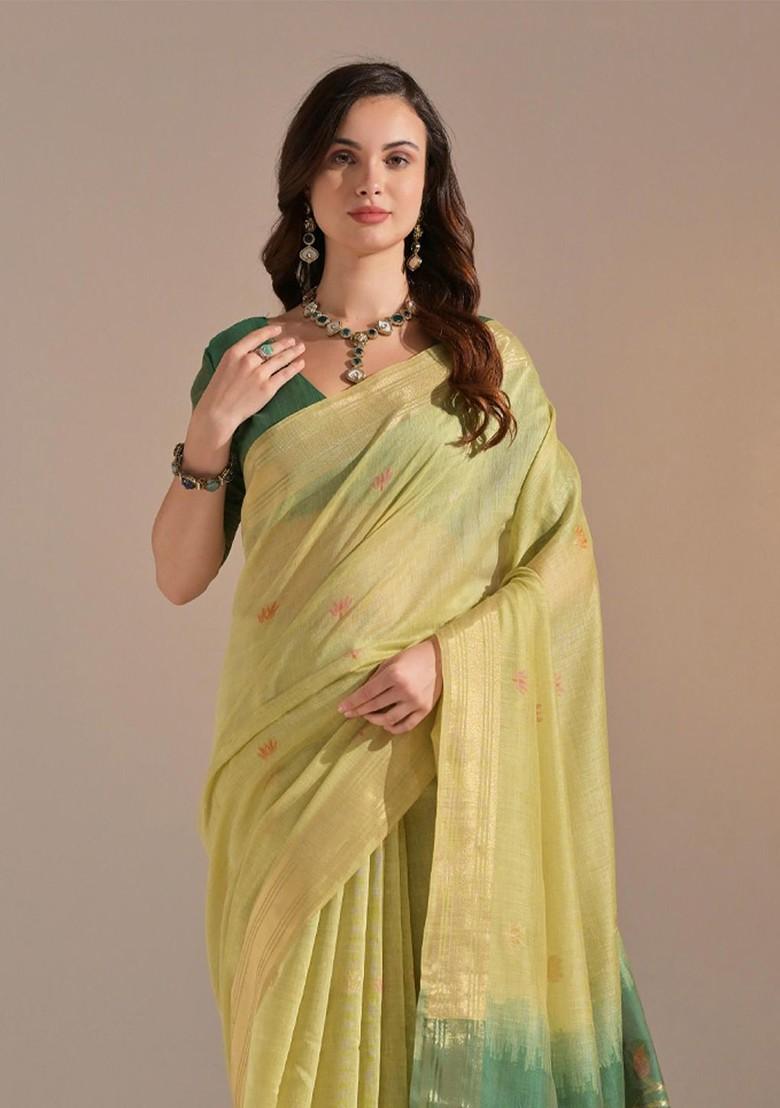 Green Zari Printed Blended Saree Set - Indya