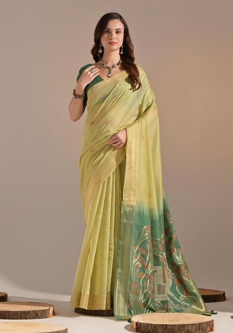 Green Zari Printed Blended Saree Set