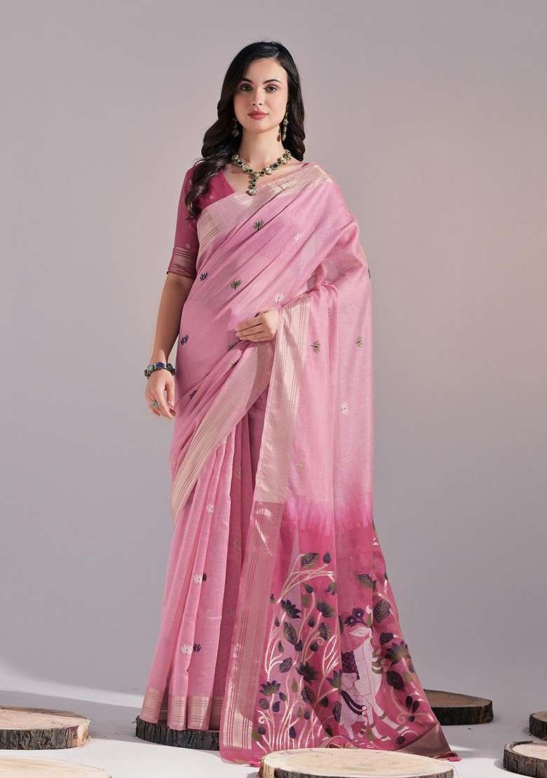 Pink Zari Blended Saree Set with Printed for Diwali | Wedding & Festive Wear - Indya