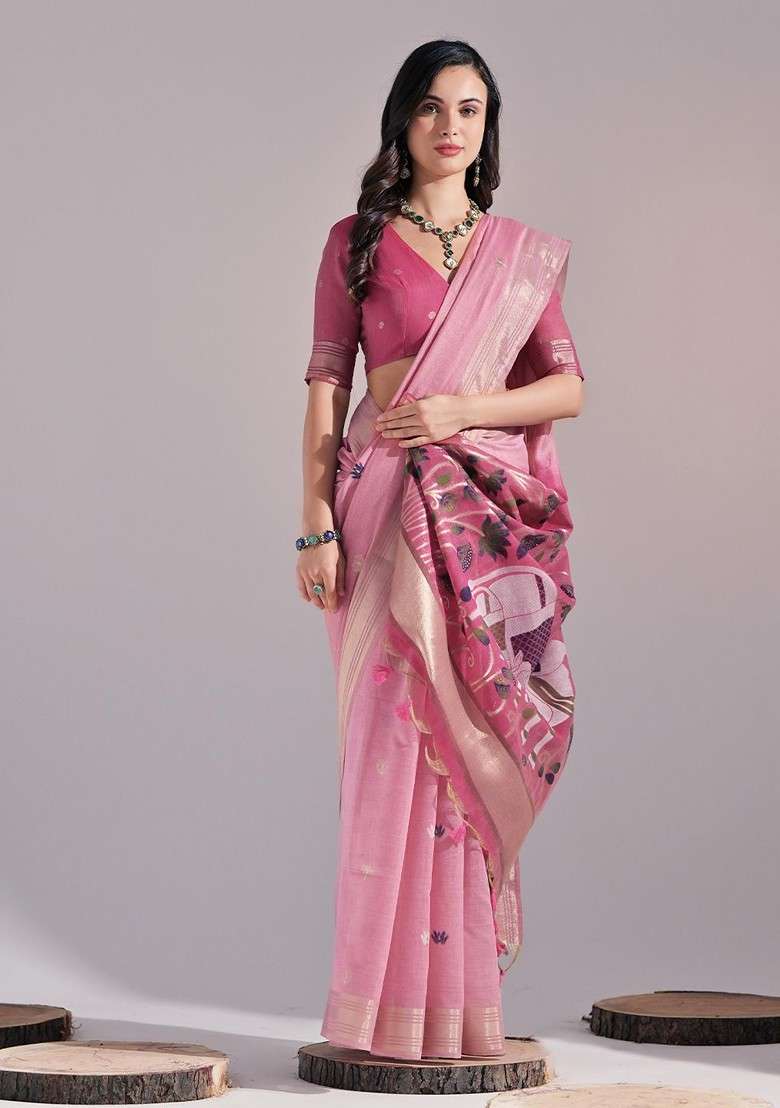 Pink Zari Blended Saree Set with Printed for Diwali | Wedding & Festive Wear - Indya