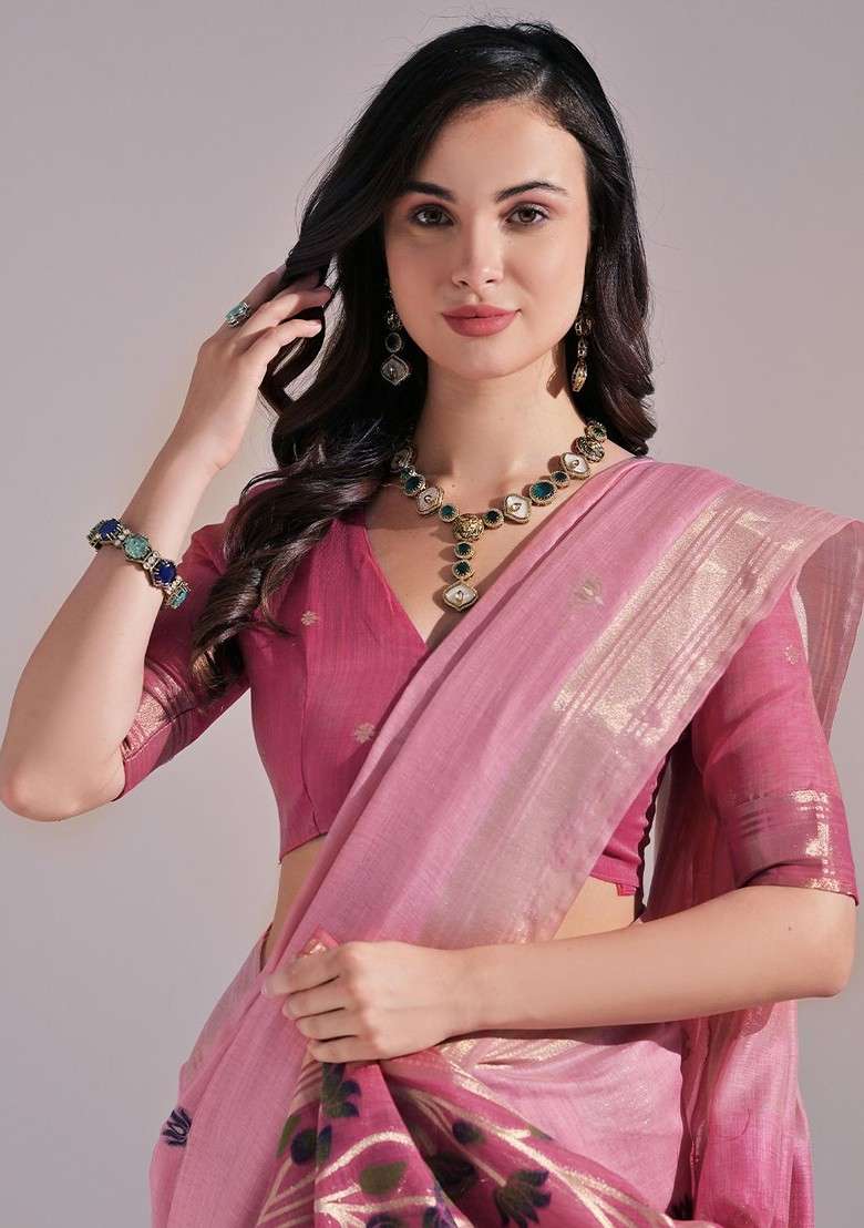 Pink Zari Blended Saree Set with Printed for Diwali | Wedding & Festive Wear - Indya