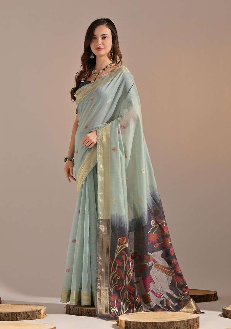 Green Zari Blended Saree Set with Printed for Diwali | Wedding & Festive Wear - Indya