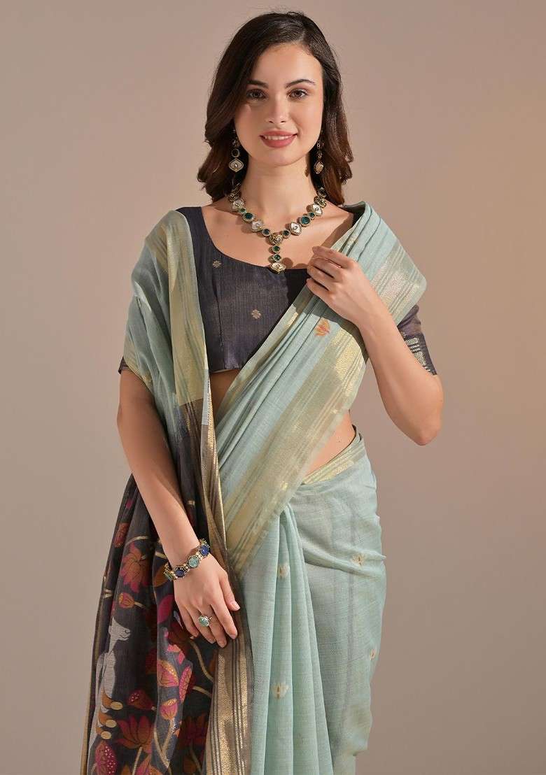 Green Zari Blended Saree Set with Printed for Diwali | Wedding & Festive Wear - Indya