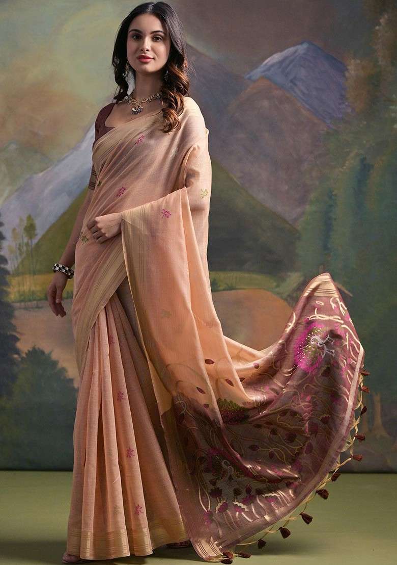 Peach Zari Blended Saree Set with Printed for Diwali | Wedding & Festive Wear - Indya