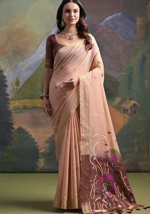 Peach Zari Blended Saree Set with Printed for Diwali | Wedding & Festive Wear