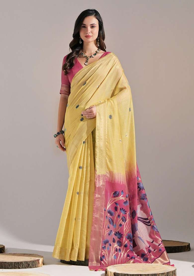 Yellow Zari Printed Blended Saree Set for Diwali and Festive Wear - Indya