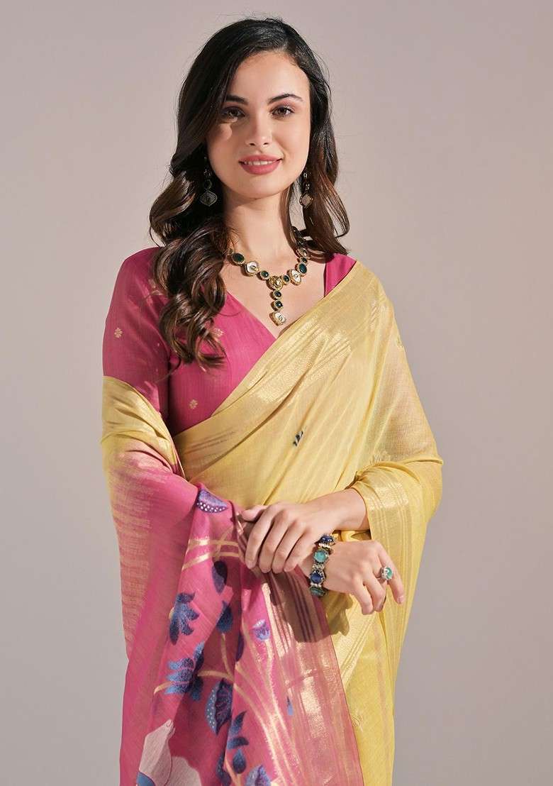 Yellow Zari Printed Blended Saree Set for Diwali and Festive Wear - Indya