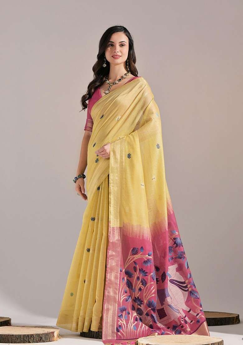 Yellow Zari Printed Blended Saree Set for Diwali and Festive Wear - Indya