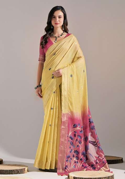 Yellow Zari Printed Blended Saree Set for Diwali and Festive Wear
