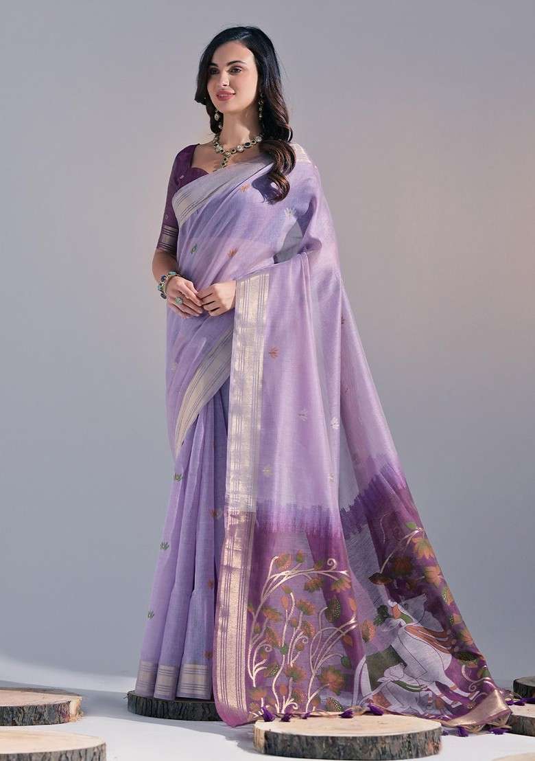 Lavender Zari Blended Saree Set with Printed for Diwali | Wedding & Festive Wear - Indya