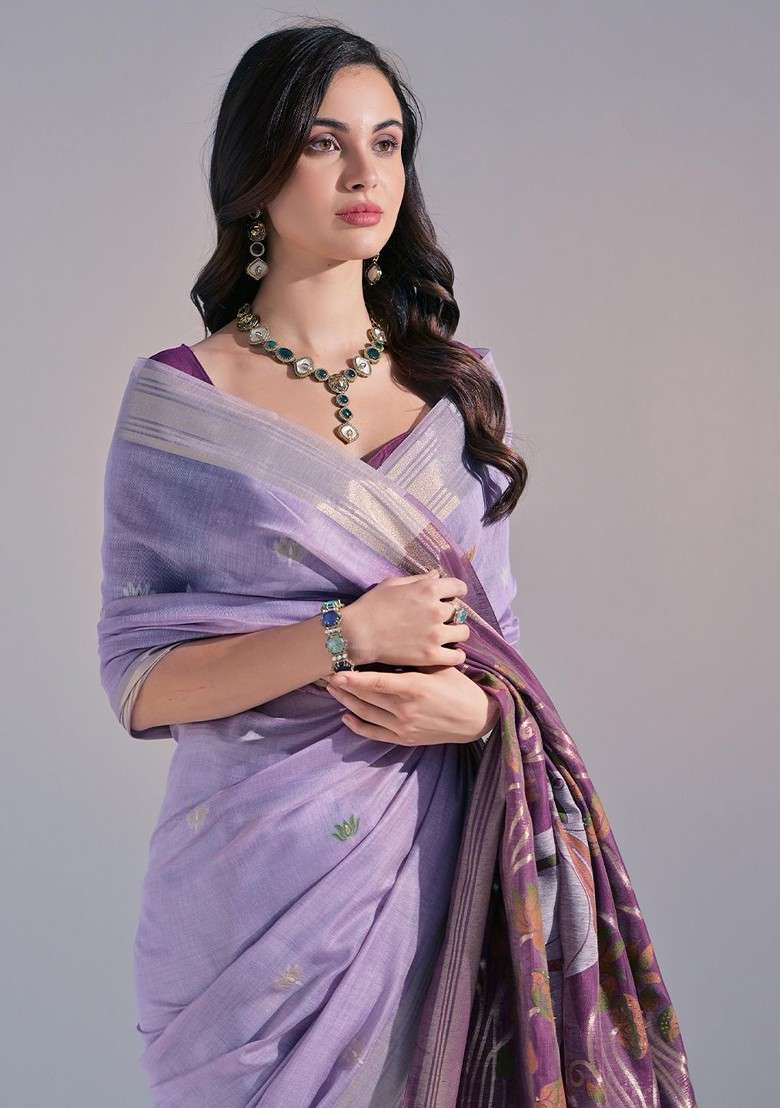 Lavender Zari Blended Saree Set with Printed for Diwali | Wedding & Festive Wear - Indya