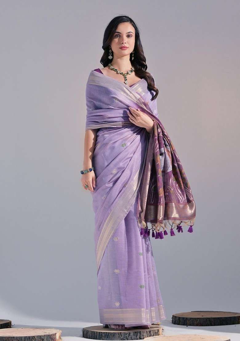 Lavender Zari Blended Saree Set with Printed for Diwali | Wedding & Festive Wear - Indya