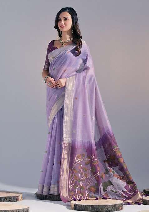 Lavender Zari Blended Saree Set with Printed for Diwali | Wedding & Festive Wear