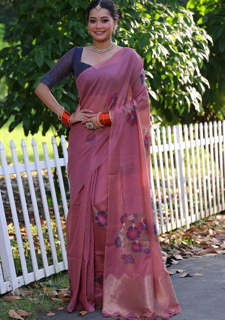 Pink Zari Printed Blended Saree Set - Indya